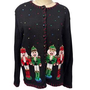 VTG Ugly‎ Christmas Nutcrackers Novelty Cardigan Sweater Women L Sequins Black